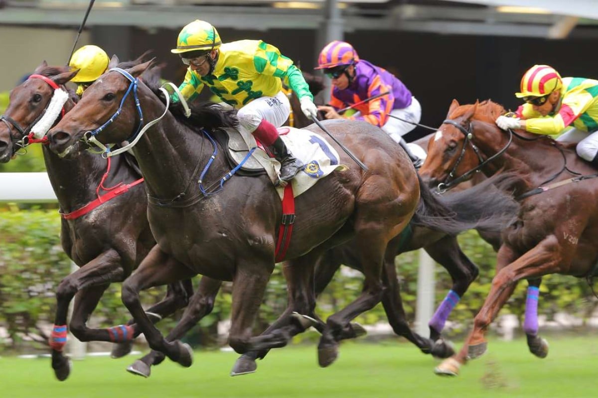 Olivier Doleuze drives giant galloper Sky King home to win the first race at the public holiday meeting at Happy Valley. Photo: Kenneth Chan