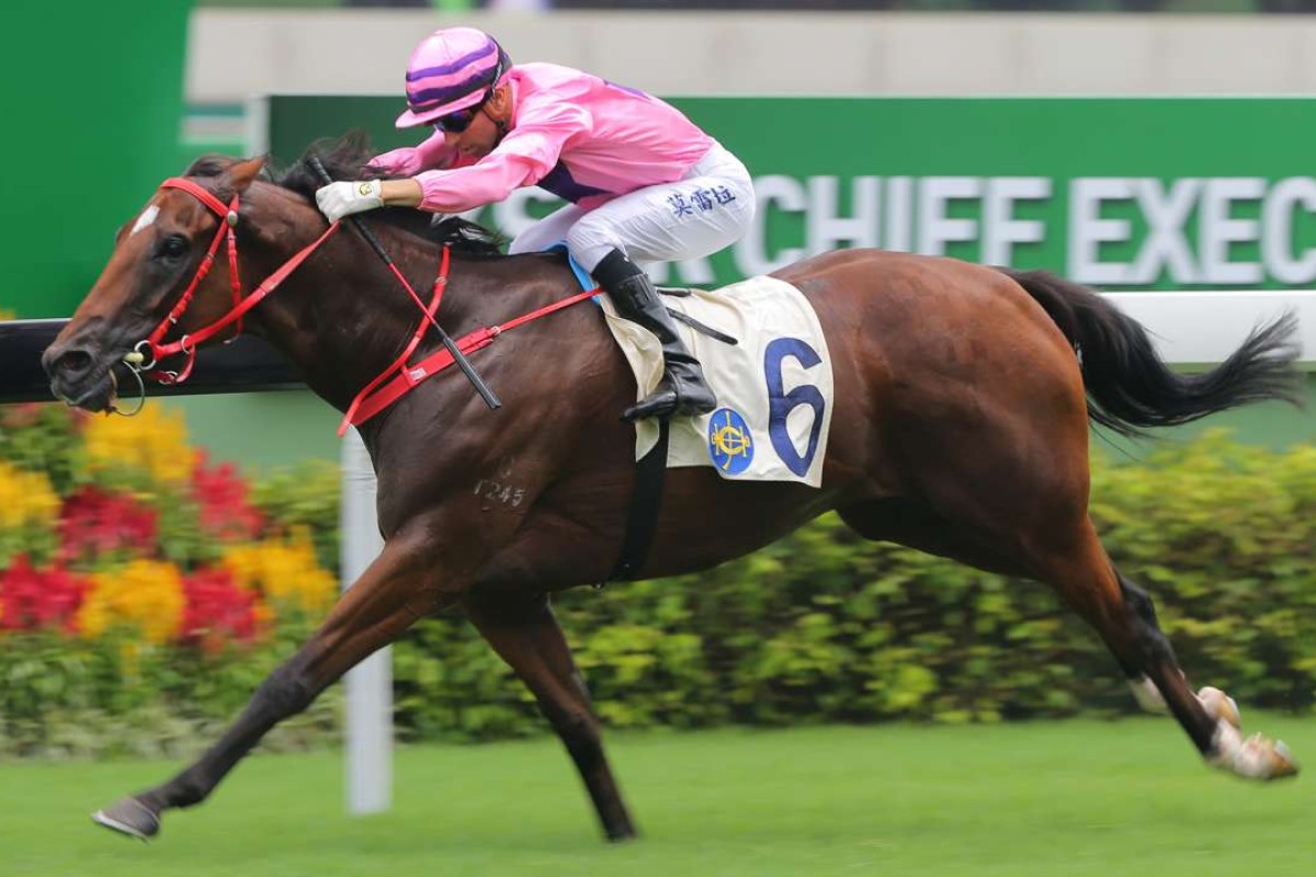 Joao Moreira drives Lucky Year through to win the Chief Executive’s Cup at Sha Tin on Saturday. Photo: Kenneth Chan