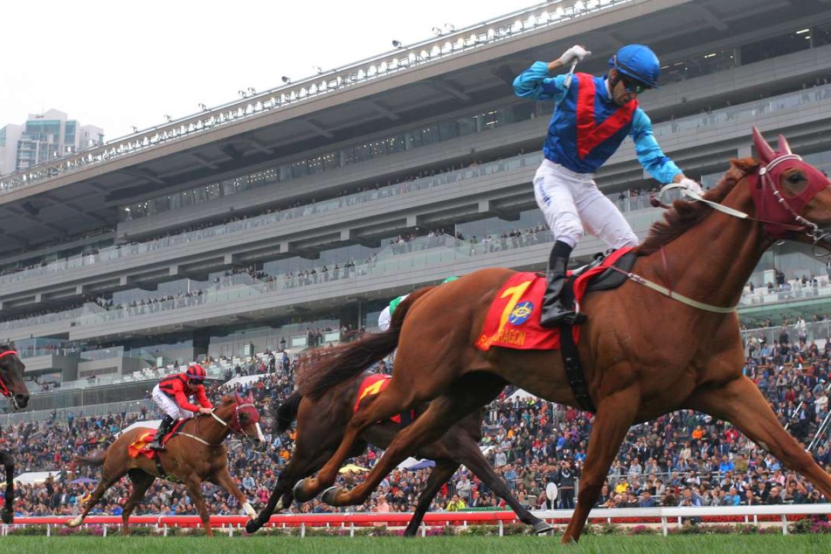 Joao Moreira celebrates as Rapper Dragon captures the Classic Cup. Photos: Kenneth Chan