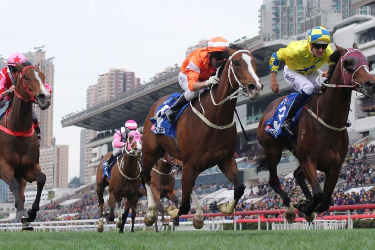 Hugh Bowman (right) lifts Werther to victory in the Group One Citi Hong Kong Gold Cup. Photos: Kenneth Chan