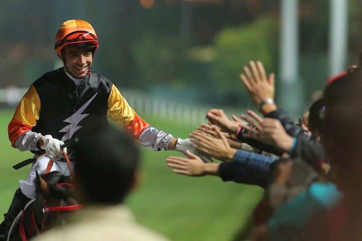 Joao Moreira greets fans after his last start win on Premiere. The youngster now steps up into Class Two on Wednesday night. Photos: Kenneth Chan.
