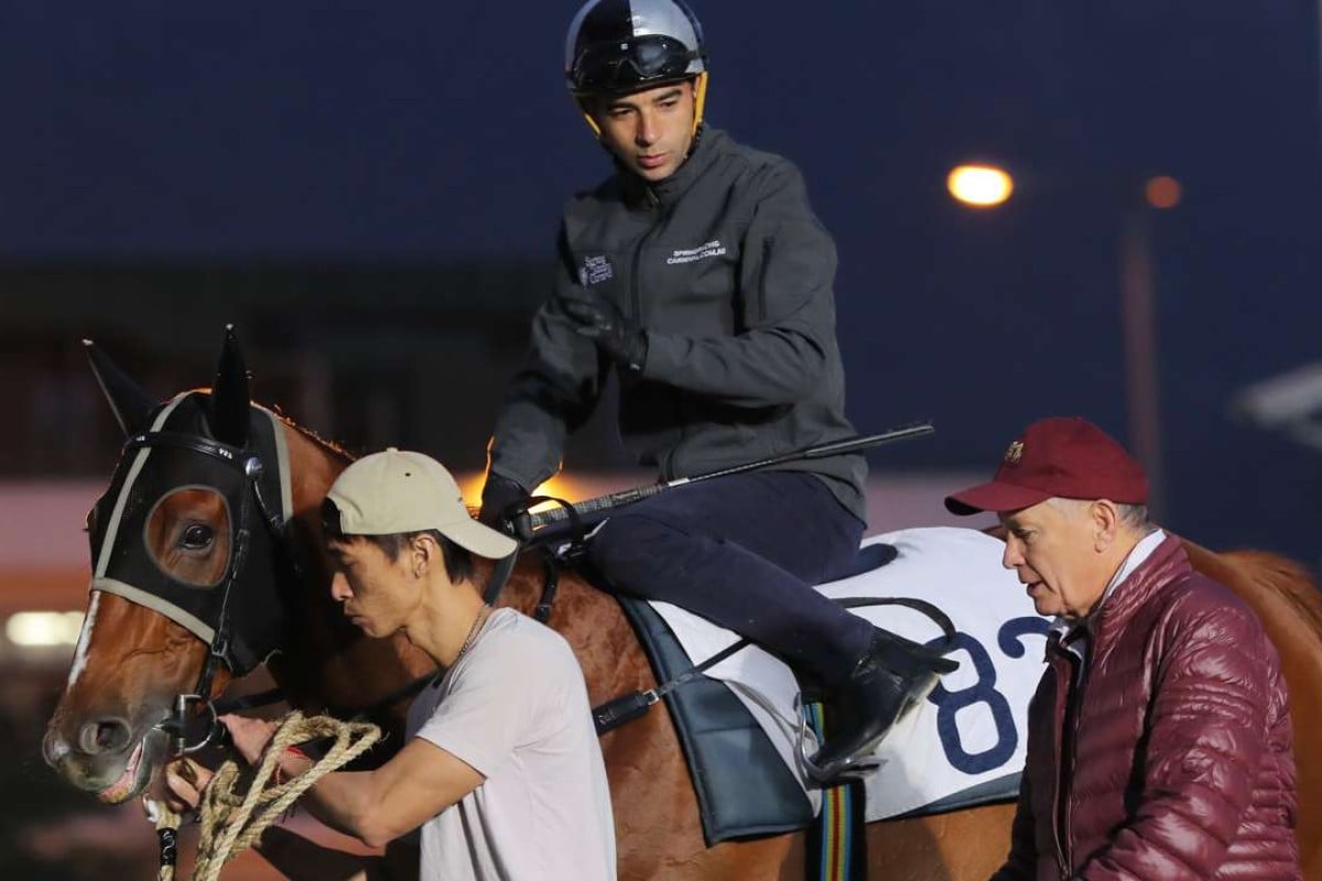 Joao Moreira and John Moore discuss Rapper Dragon’s trackwork on Thursday morning. Photos: Kenneth Chan