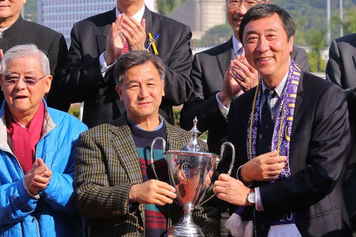 Kingsfield’s new owner Edmond Yue Kwok-yin collects the CUHK Alumni Cup at Sha Tin on Sunday. Photos: Kenneth Chan