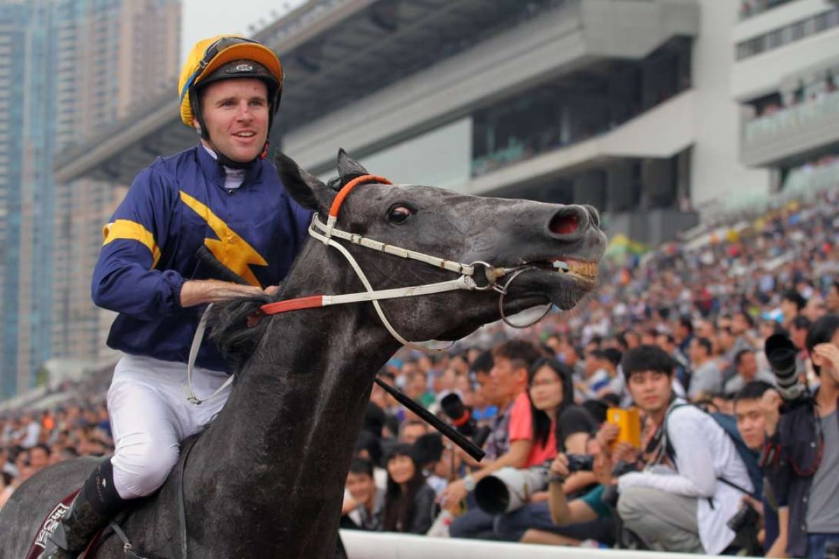Tommy Berry and Chautauqua return to scale after winning the 2016 Chairman’s Sprint Prize at Sha Tin. Photo: Kenneth Chan