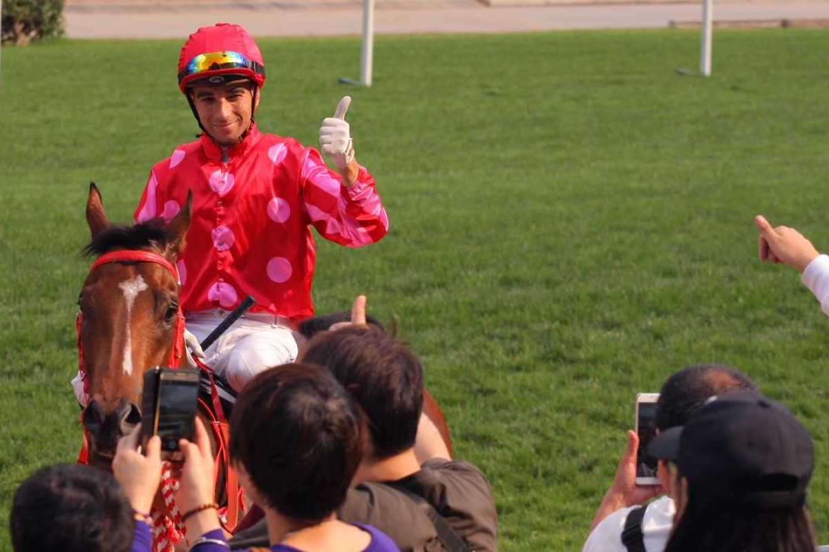 Joao Moreira gives the thumbs up after taking out the Group Two Sprint Cup with Mr Stunning. Photos: Kenneth Chan