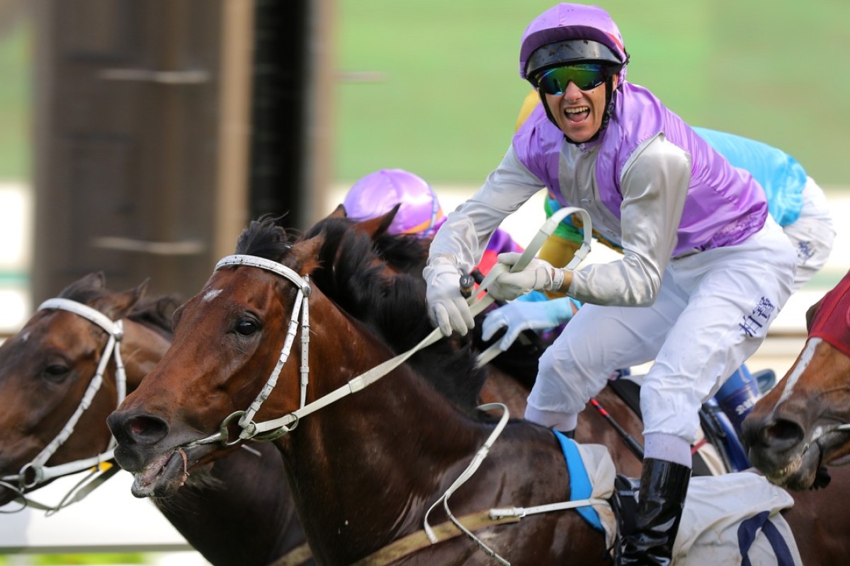 Brett Prebble looks ready to jump out of the saddle as General Sherman wins at Sha Tin. Photos: Kenneth Chan