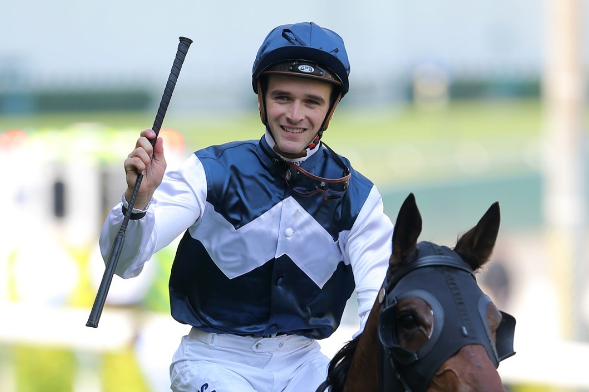 Jockey Sam Clipperton celebrates a winner. Photos: Kenneth Chan