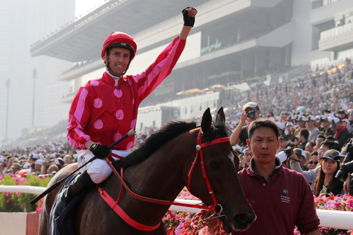 Nash Rawiller lands an elusive Group One feature with Mr Stunning in the Hong Kong Sprint. Photo: Kenneth Chan