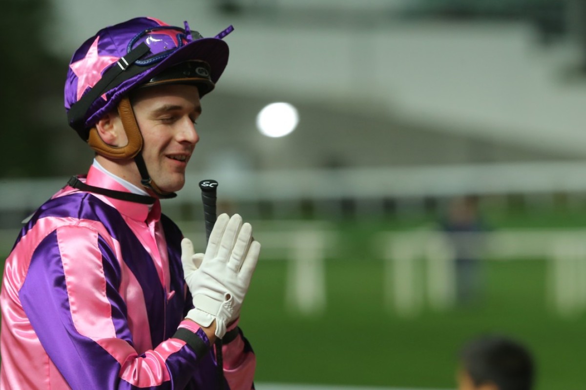 Sam Clipperton is thankful after winning aboard Prawn Baba at Sha Tin on Wednesday night. Photos: Kenneth Chan
