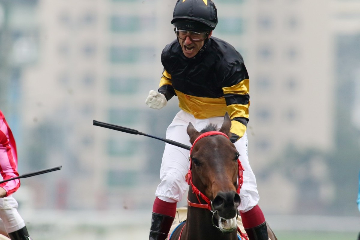 Olivier Doleuze screams with delight as D B Pin wins the Group One Centenary Sprint Cup. Photos: Kenneth Chan