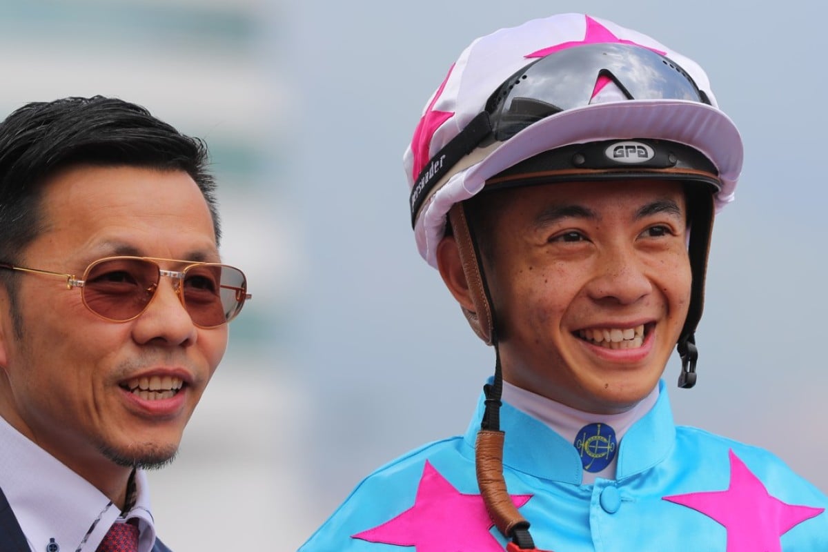 Frankie Lor and Derek Leung celebrate Midnite Promise’s win on Sunday, the jockey’s first in more than a month. Photos: Kenneth Chan.