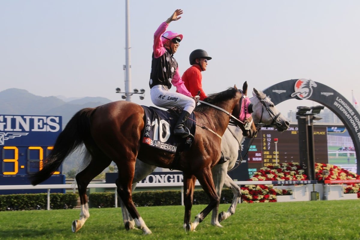 Derek Leung celebrates after winning the 2017 Hong Kong Mile with Beauty Generation. Photos: Kenneth Chan