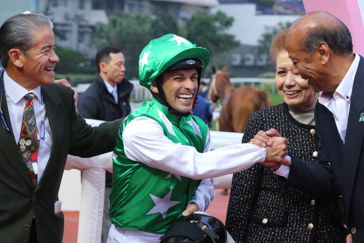 Jockey Silvestre de Sousa shares a laugh with trainer Tony Cruz and owner Kerm Din after Pakistan Friend’s win at Sha Tin. Photos: Kenneth Chan