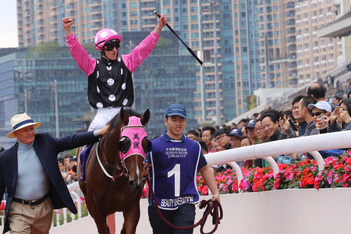 Zac Purton celebrates Beauty Generation’s sixth Group One victory. Photos: Kenneth Chan